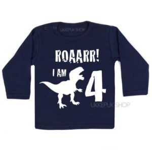 verjaardagsshirt-jarig-dino-4-jaar-shirt-jarig-kind-dinosaurus-feest-blauw